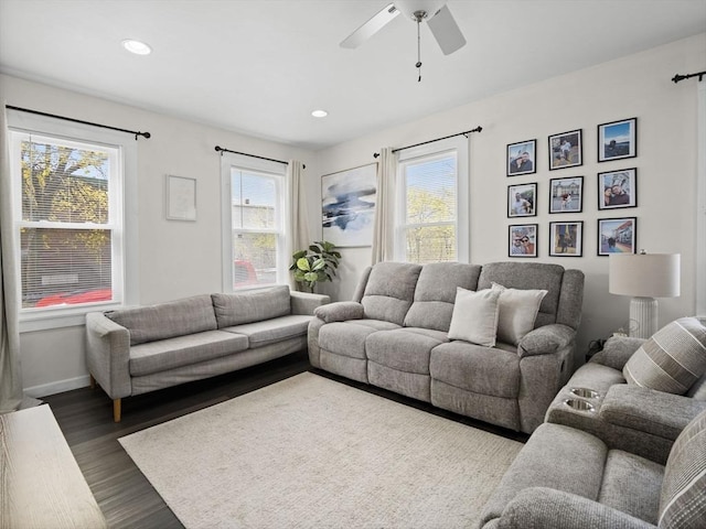 73 Laurel St, Leominster, MA 01453 - living area featuring a ceiling fan, baseboards, recessed lighting, and dark wood-type flooring