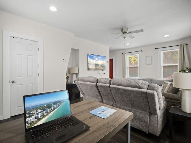 73 Laurel St, Leominster, MA 01453 - living area featuring a ceiling fan, recessed lighting, and dark wood-type flooring