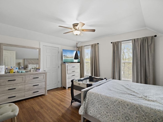 73 Laurel St, Leominster, MA 01453 - bedroom featuring a ceiling fan, vaulted ceiling, and dark wood-style floors