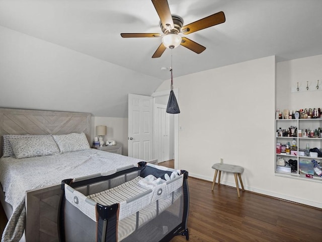 73 Laurel St, Leominster, MA 01453 - bedroom featuring baseboards, ceiling fan, dark wood-style floors, and lofted ceiling