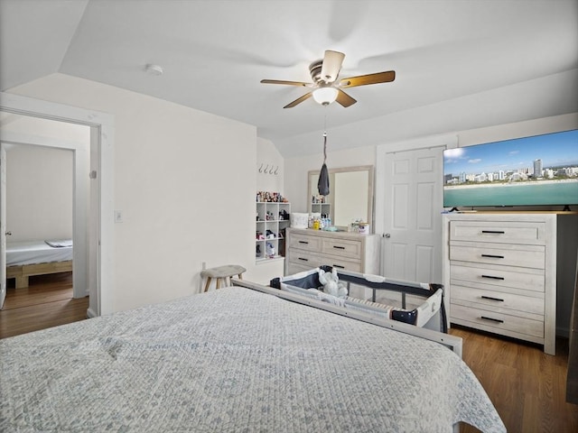 73 Laurel St, Leominster, MA 01453 - bedroom with ceiling fan, vaulted ceiling, and dark wood-style floors