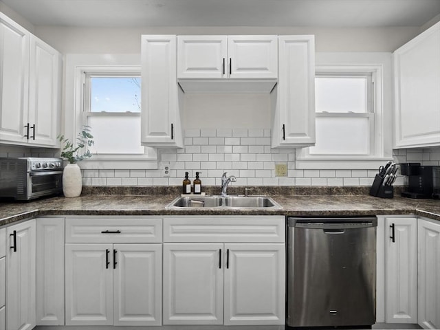 73 Laurel St, Leominster, MA 01453 - kitchen with a sink, dark countertops, white cabinets, and dishwasher