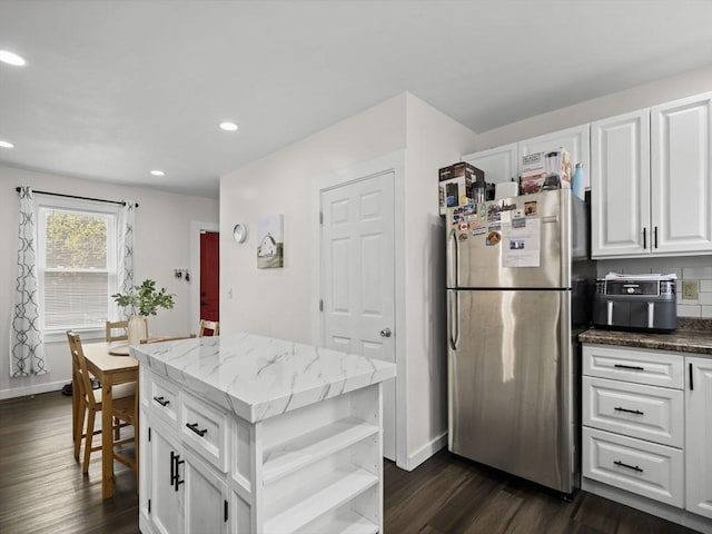 73 Laurel St, Leominster, MA 01453 - kitchen featuring freestanding refrigerator, white cabinetry, open shelves, and dark wood-style floors