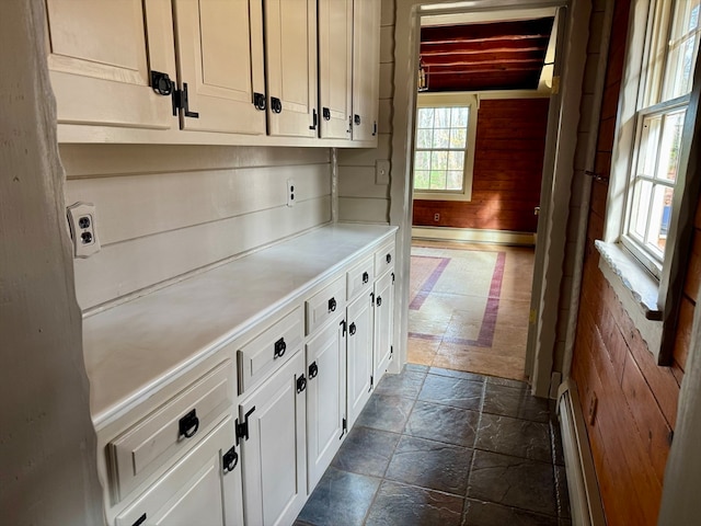 bar with a baseboard heating unit, a wealth of natural light, and white cabinets