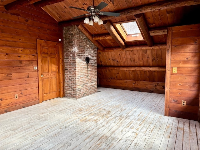 additional living space featuring wood ceiling, light hardwood / wood-style floors, wooden walls, ceiling fan, and vaulted ceiling with skylight