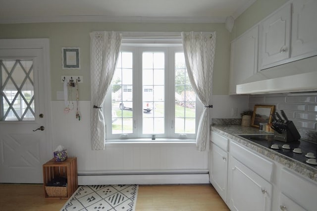 11 Dallas St, Worcester, MA 01604 - kitchen featuring under cabinet range hood, ornamental molding, healthy amount of natural light, white cabinetry, and a wainscoted wall