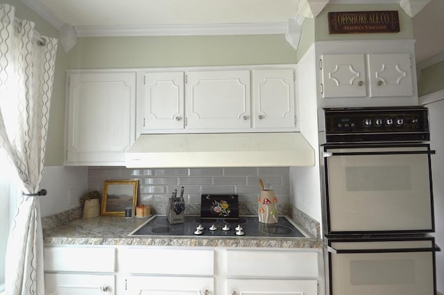 11 Dallas St, Worcester, MA 01604 - kitchen with under cabinet range hood, black electric stovetop, crown molding, white cabinetry, and backsplash