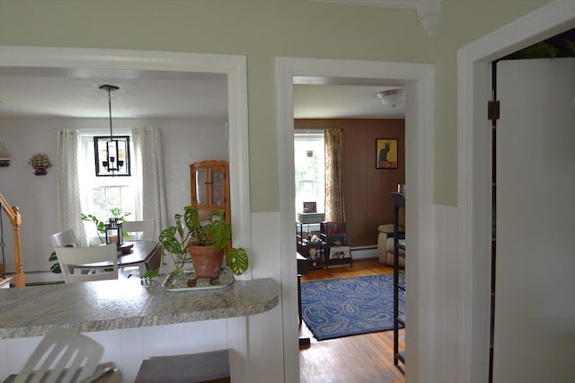11 Dallas St, Worcester, MA 01604 - kitchen featuring wood finished floors, hanging light fixtures, and a baseboard heating unit