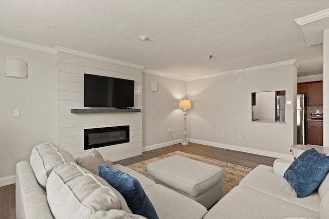 living room with crown molding, a fireplace, and dark wood-type flooring