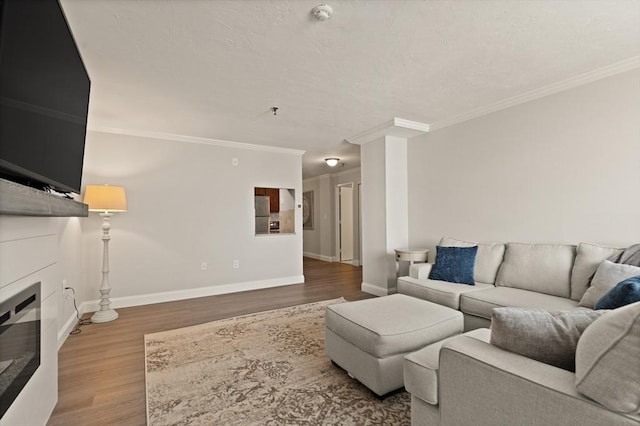 living room with hardwood / wood-style floors, ornamental molding, and a fireplace