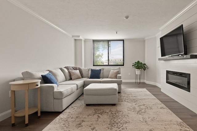 living room with crown molding and dark wood-type flooring