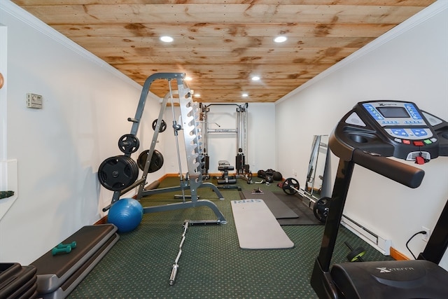 exercise room with ornamental molding and wood ceiling