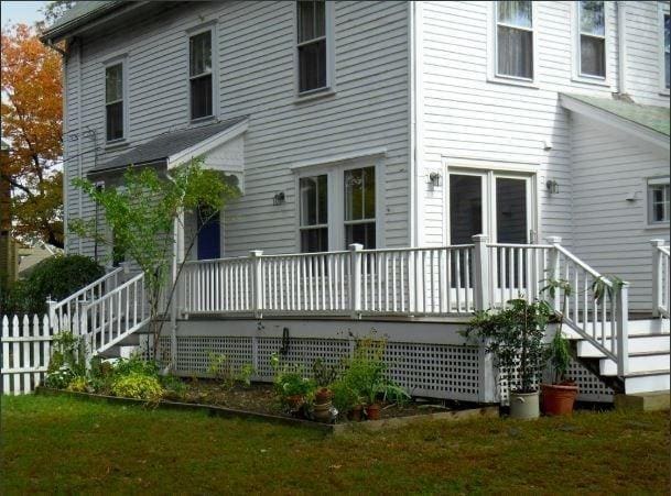 18 Rushmore St, Boston, MA 02135 - rear view of property with stairs and a wooden deck