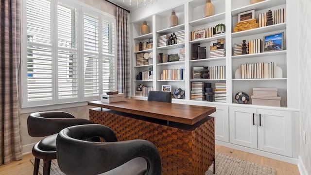 home office with a wealth of natural light and light hardwood / wood-style floors