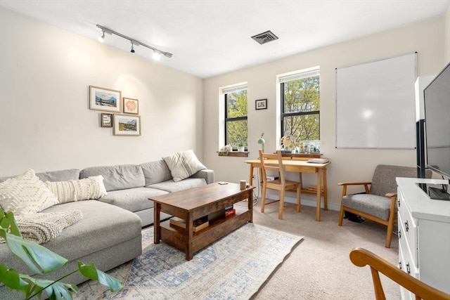 living area with track lighting and light colored carpet