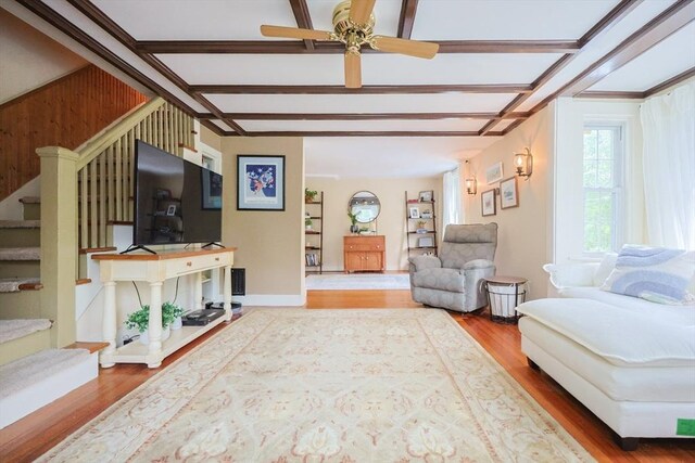21 Witherell Pl, Plainville, MA 02762 - living room featuring stairs, ceiling fan, wood finished floors, and beamed ceiling