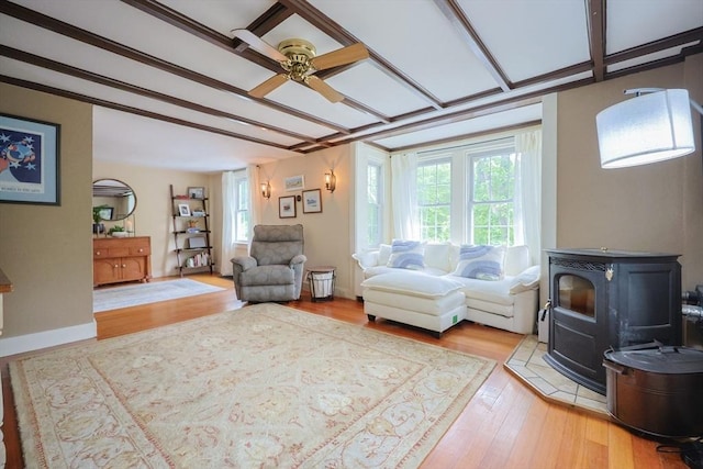 21 Witherell Pl, Plainville, MA 02762 - living area featuring a wood stove, ceiling fan, and wood finished floors