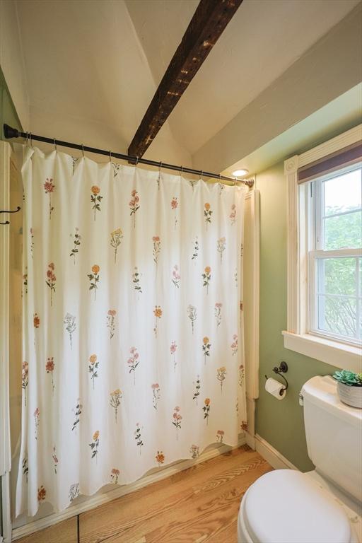 21 Witherell Pl, Plainville, MA 02762 - bathroom featuring toilet, wood finished floors, baseboards, and curtained shower