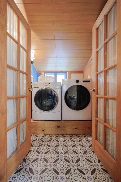 21 Witherell Pl, Plainville, MA 02762 - laundry area with wooden ceiling and separate washer and dryer