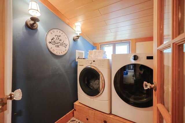 21 Witherell Pl, Plainville, MA 02762 - laundry room with washing machine and dryer and wooden ceiling