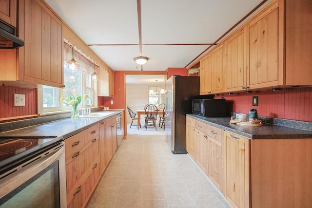 21 Witherell Pl, Plainville, MA 02762 - kitchen with appliances with stainless steel finishes, range hood, a sink, light brown cabinets, and dark countertops