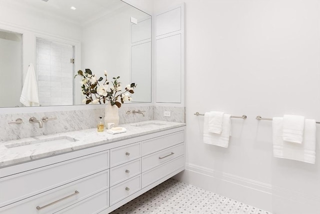 240 Commonwealth Ave Unit 2, Boston, MA 02116 - full bath with crown molding, tile patterned floors, double vanity, and baseboards