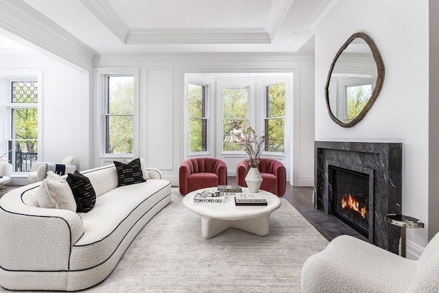 240 Commonwealth Ave Unit 2, Boston, MA 02116 - living area featuring a high end fireplace, ornamental molding, and a raised ceiling