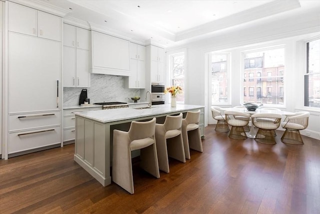 240 Commonwealth Ave Unit 2, Boston, MA 02116 - kitchen featuring ornamental molding, dark wood-style flooring, backsplash, a sink, and a tray ceiling