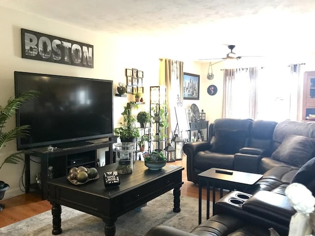 living room with hardwood / wood-style flooring and ceiling fan