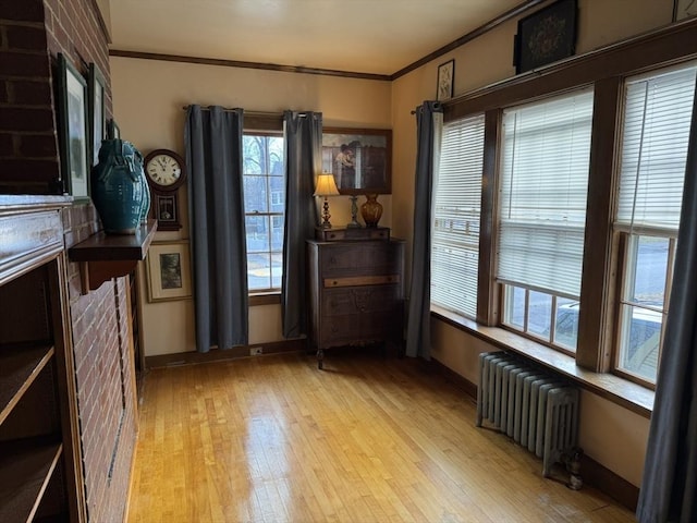 interior space with crown molding, radiator heating unit, and light wood-type flooring