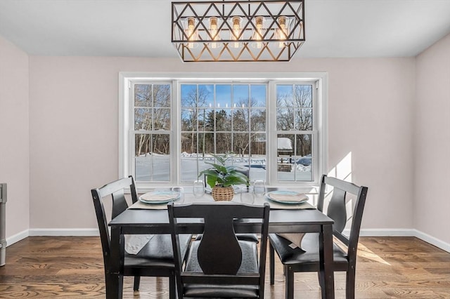 dining room with a healthy amount of sunlight, baseboards, and wood finished floors