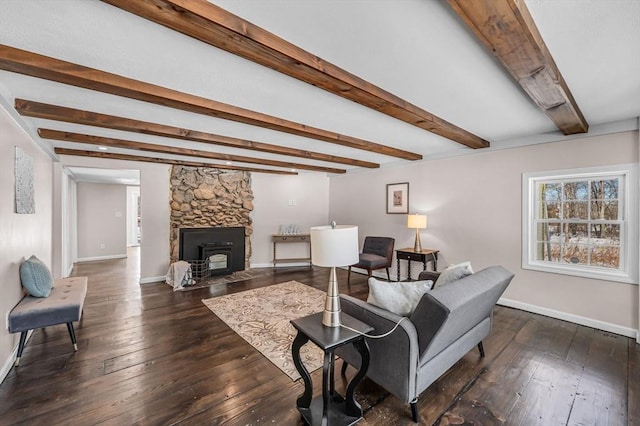 living room with beam ceiling, baseboards, and dark wood-style flooring