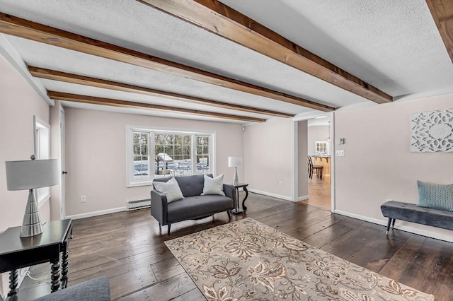 living area with a baseboard heating unit, dark wood-style flooring, baseboards, and beam ceiling