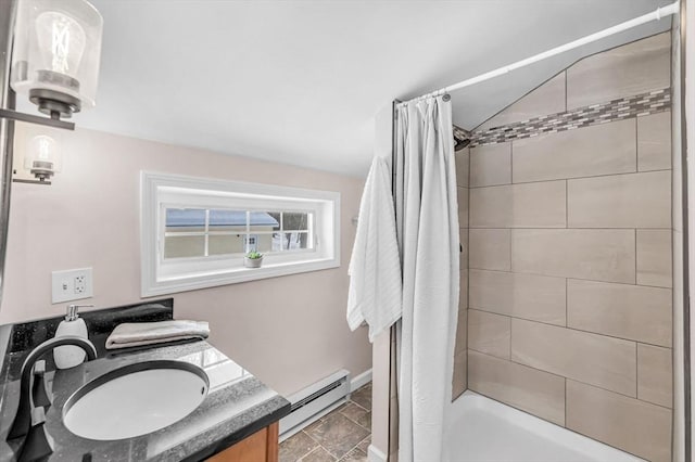 full bathroom with shower / tub combo, a baseboard radiator, vaulted ceiling, and vanity