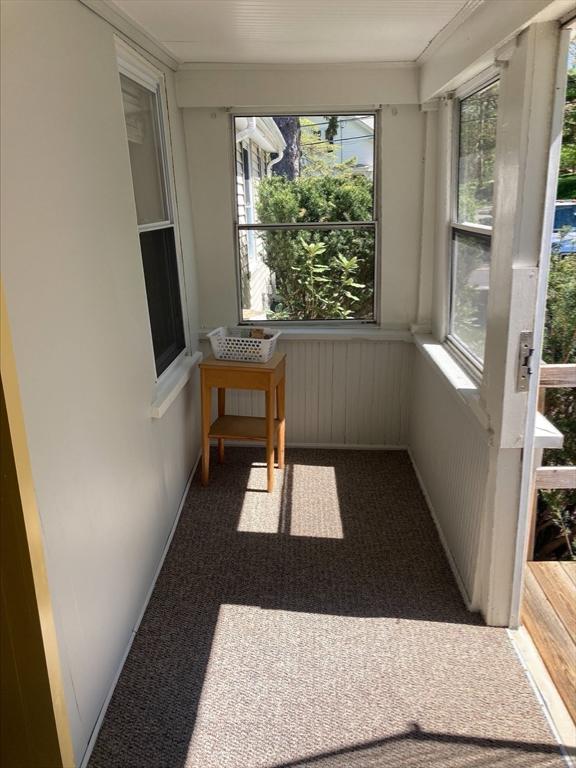 unfurnished sunroom with carpet