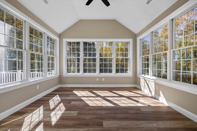 unfurnished sunroom with ceiling fan and vaulted ceiling