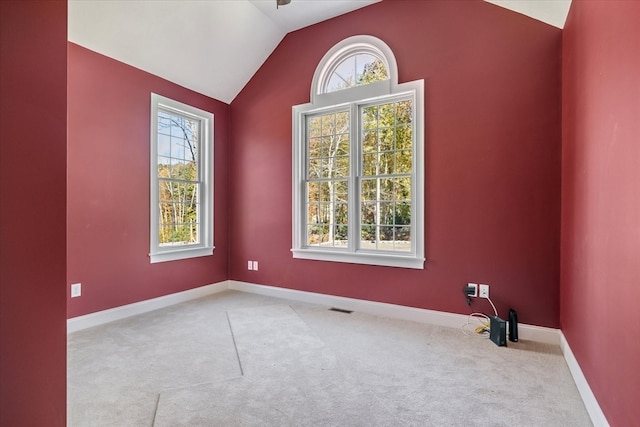 spare room featuring lofted ceiling, a wealth of natural light, and light colored carpet