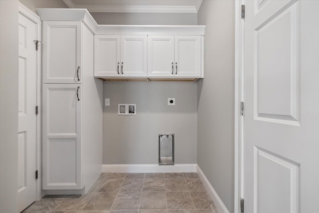 clothes washing area with hookup for a washing machine, cabinets, ornamental molding, and hookup for an electric dryer