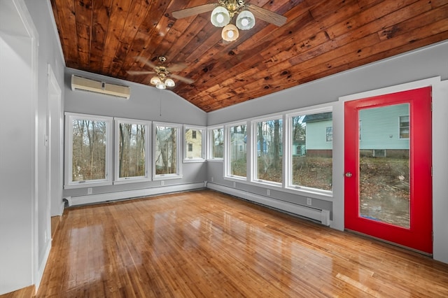 unfurnished sunroom with an AC wall unit, wood ceiling, lofted ceiling, and baseboard heating