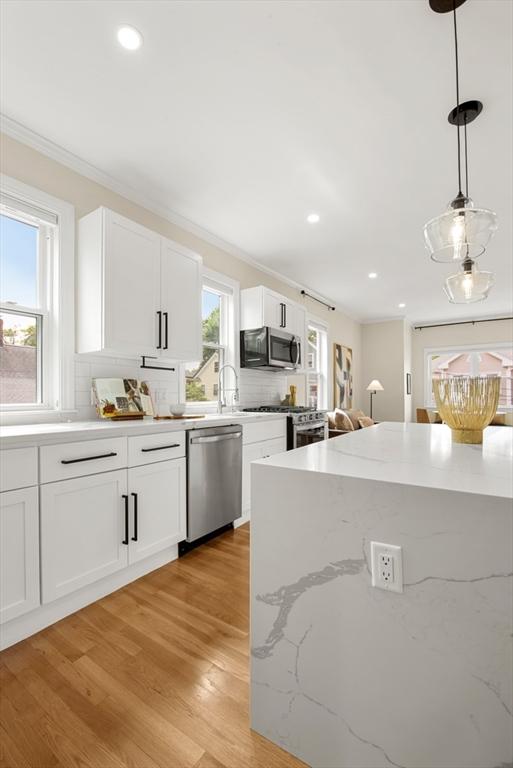 34 Leniston St Unit 2, Boston, MA 02131 - kitchen with stainless steel appliances, tasteful backsplash, white cabinetry, recessed lighting, and crown molding