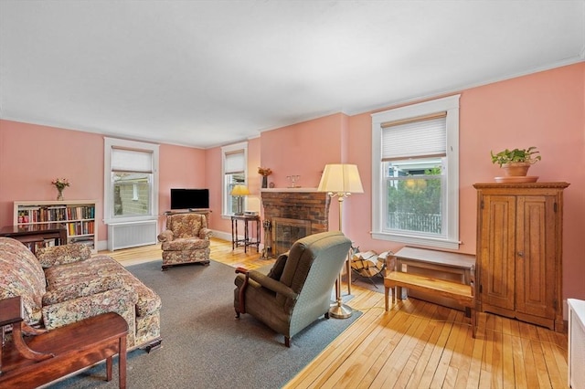 living area featuring a fireplace, ornamental molding, and hardwood / wood-style floors