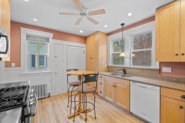 kitchen with a sink, light brown cabinetry, radiator heating unit, and stainless steel appliances