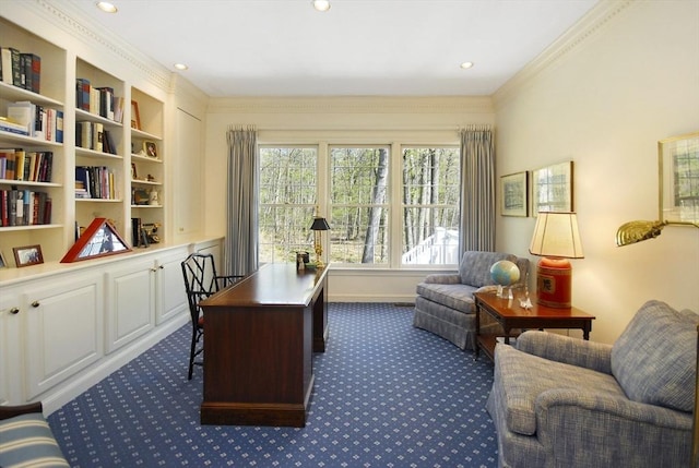home office with crown molding, dark colored carpet, built in features, and recessed lighting
