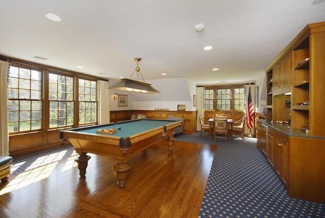 game room featuring billiards, recessed lighting, plenty of natural light, and dark wood finished floors