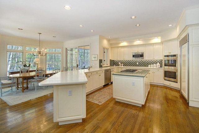 kitchen featuring a healthy amount of sunlight, light countertops, stainless steel appliances, and a peninsula