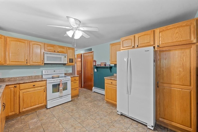 22 Edgewood Ave, West Boylston, MA 01583 - kitchen with white appliances, ceiling fan, a baseboard heating unit, light countertops, and light brown cabinetry