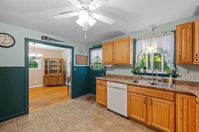 22 Edgewood Ave, West Boylston, MA 01583 - kitchen featuring white dishwasher, plenty of natural light, ceiling fan, a chandelier, and wainscoting