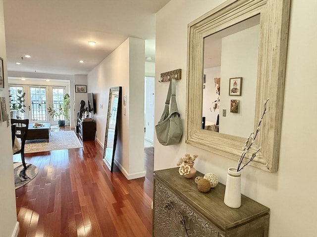 300 Allston St Unit 511, Boston, MA 02135 - hallway with dark wood-style flooring, baseboards, french doors, and recessed lighting