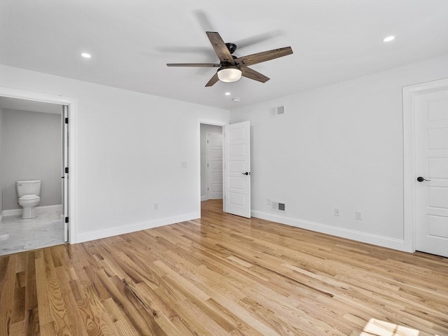 310 Old Westport, Dartmouth, MA 02747 - unfurnished bedroom featuring recessed lighting, light wood finished floors, ensuite bath, baseboards, and a ceiling fan