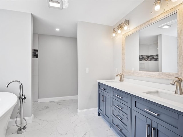 310 Old Westport, Dartmouth, MA 02747 - full bath with baseboards, double vanity, marble look tiles, a freestanding tub, and a tile shower